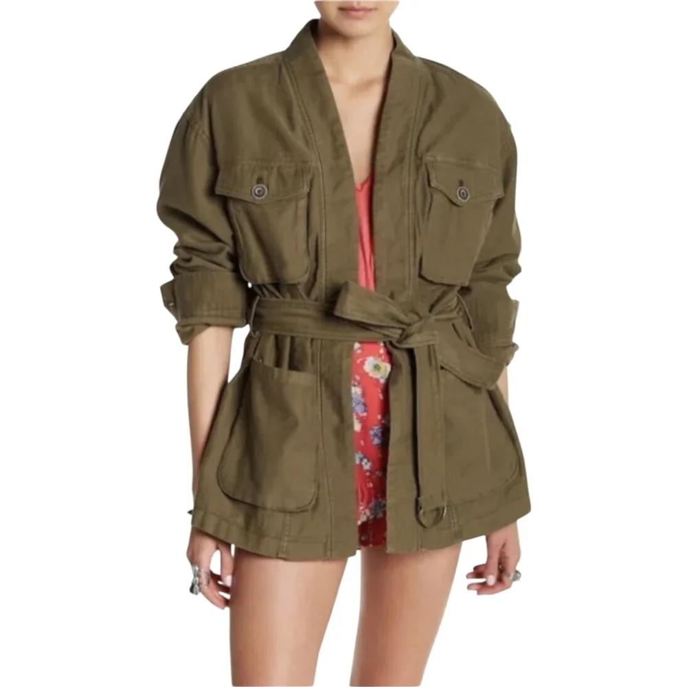 Free People Y2K Oversized In Our Nature Open Front Belted Wrap Cargo Jacket Sz S